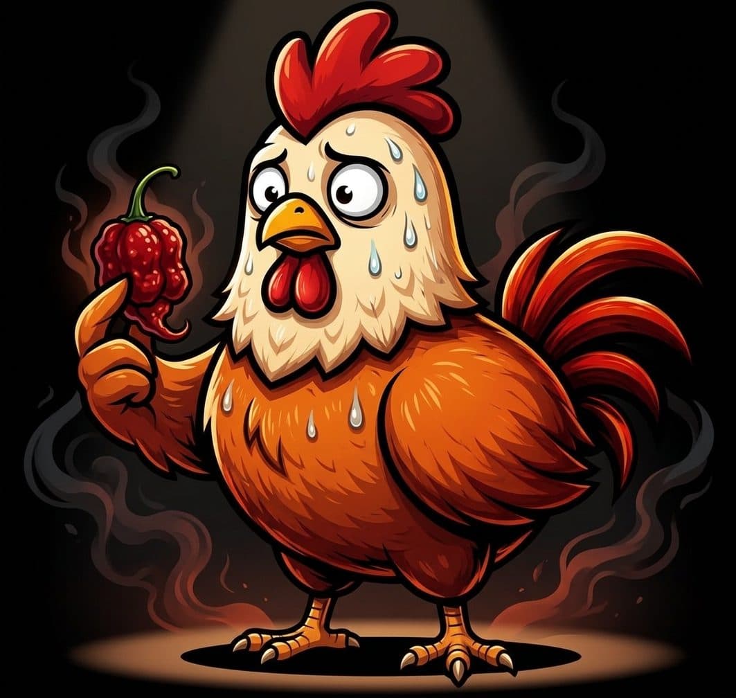 The FIYAH BYRD rooster holding a Carolina Reaper chilli, sweating